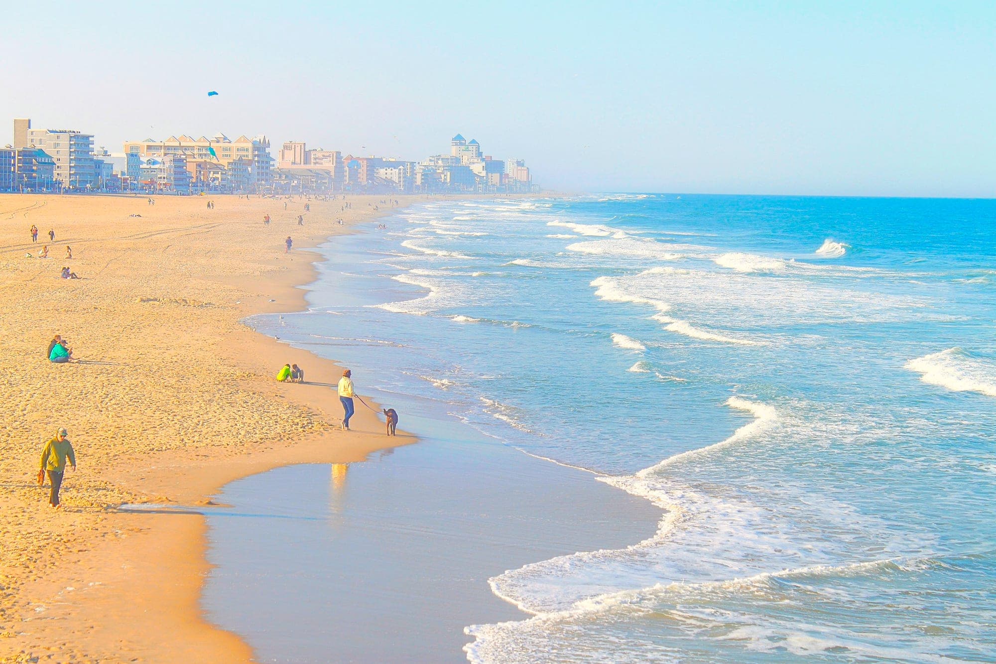 A group of friends walking the beach beside the ocean